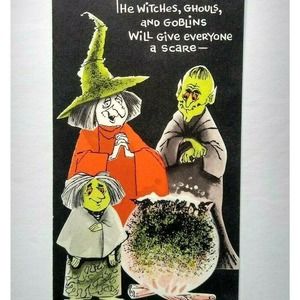 Halloween Greeting Card Vintage Party Invite Green Face Goblins Witch Cauldron